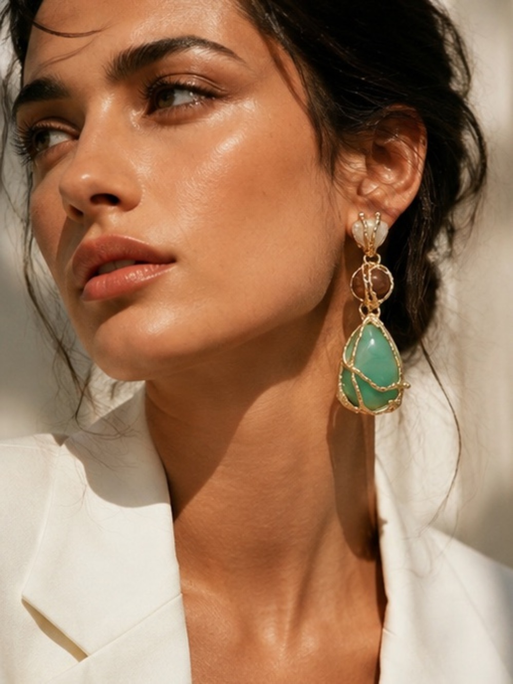 Gilded Green Gemstone Dangle Earrings
